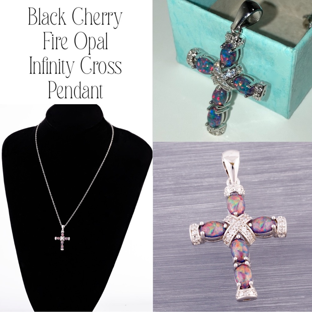 Regal Blk Cherry Fire Opal Infinity Cross Pendant